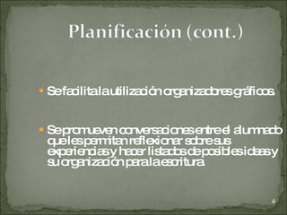 Se facilita la utilización organizadores gráficos. Se promueven conversaciones entre el alumnado que les permitan reflexionar sobre sus experiencias y hacer listados de posibles ideas y su organización para la escritura. 