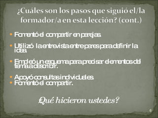 Fomentó el compartir en parejas.  Utilizó  la entrevista entre pares para definir la idea. Empleó un esquema para precisar elementos del tema a describir. Apoyó consultas individuales. Fomentó el compartir. ¿Qué hicieron ustedes? 