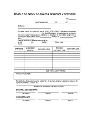 MODELO DE ORDEN DE COMPRA DE BIENES Y SERVICIOS
 