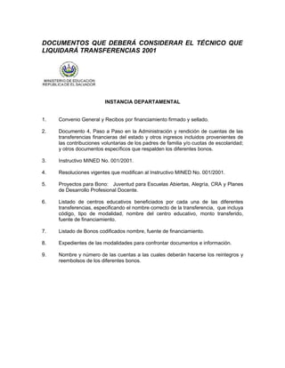 DOCUMENTOS QUE DEBERÁ CONSIDERAR EL TÉCNICO QUE
LIQUIDARÁ TRANSFERENCIAS 2001




                         INSTANCIA DEPARTAMENTAL


1.   Convenio General y Recibos por financiamiento firmado y sellado.

2.   Documento 4, Paso a Paso en la Administración y rendición de cuentas de las
     transferencias financieras del estado y otros ingresos incluidos provenientes de
     las contribuciones voluntarias de los padres de familia y/o cuotas de escolaridad;
     y otros documentos específicos que respalden los diferentes bonos.

3.   Instructivo MINED No. 001/2001.

4.   Resoluciones vigentes que modifican al Instructivo MINED No. 001/2001.

5.   Proyectos para Bono: Juventud para Escuelas Abiertas, Alegría, CRA y Planes
     de Desarrollo Profesional Docente.

6.   Listado de centros educativos beneficiados por cada una de las diferentes
     transferencias, especificando el nombre correcto de la transferencia, que incluya
     código, tipo de modalidad, nombre del centro educativo, monto transferido,
     fuente de financiamiento.

7.   Listado de Bonos codificados nombre, fuente de financiamiento.

8.   Expedientes de las modalidades para confrontar documentos e información.

9.   Nombre y número de las cuentas a las cuales deberán hacerse los reintegros y
     reembolsos de los diferentes bonos.
 
