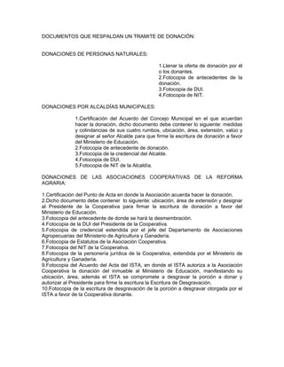 DOCUMENTOS QUE RESPALDAN UN TRAMITE DE DONACIÓN:


DONACIONES DE PERSONAS NATURALES:

                                                  1.Llenar la oferta de donación por él
                                                  o los donantes.
                                                  2.Fotocopia de antecedentes de la
                                                  donación.
                                                  3.Fotocopia de DUI.
                                                  4.Fotocopia de NIT.

DONACIONES POR ALCALDÍAS MUNICIPALES:

              1.Certificación del Acuerdo del Concejo Municipal en el que acuerdan
              hacer la donación, dicho documento debe contener lo siguiente: medidas
              y colindancias de sus cuatro rumbos, ubicación, área, extensión, valúo y
              designar al señor Alcalde para que firme la escritura de donación a favor
              del Ministerio de Educación.
              2.Fotocopia de antecedente de donación.
              3.Fotocopia de la credencial del Alcalde.
              4.Fotocopia de DUI.
              5.Fotocopia de NIT de la Alcaldía.

DONACIONES DE LAS ASOCIACIONES COOPERATIVAS DE LA REFORMA
AGRARIA:

1.Certificación del Punto de Acta en donde la Asociación acuerda hacer la donación.
2.Dicho documento debe contener lo siguiente: ubicación, área de extensión y designar
al Presidente de la Cooperativa para firmar la escritura de donación a favor del
Ministerio de Educación.
3.Fotocopia del antecedente de donde se hará la desmembración.
4.Fotocopia de la DUI del Presidente de la Cooperativa.
5.Fotocopia de credencial extendida por el jefe del Departamento de Asociaciones
Agropecuarias del Ministerio de Agricultura y Ganadería.
6.Fotocopia de Estatutos de la Asociación Cooperativa.
7.Fotocopia del NIT de la Cooperativa.
8.Fotocopia de la personería jurídica de la Cooperativa, extendida por el Ministerio de
Agricultura y Ganadería.
9.Fotocopia del Acuerdo del Acta del ISTA, en donde el ISTA autoriza a la Asociación
Cooperativa la donación del inmueble al Ministerio de Educación, manifestando su
ubicación, área, además el ISTA se compromete a desgravar la porción a donar y
autorizar al Presidente para firme la escritura la Escritura de Desgravación.
10.Fotocopia de la escritura de desgravación de la porción a desgravar otorgada por el
ISTA a favor de la Cooperativa donante.
 