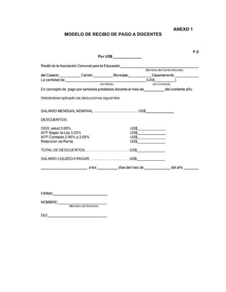 ANEXO 1
MODELO DE RECIBO DE PAGO A DOCENTES
 