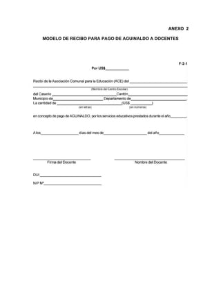 ANEXO 2

MODELO DE RECIBO PARA PAGO DE AGUINALDO A DOCENTES
 
