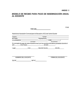 ANEXO 3

MODELO DE RECIBO PARA PAGO DE INDEMNIZACIÓN ANUAL
AL DOCENTE
 