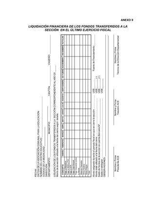 ANEXO 9

LIQUIDACIÓN FINANCIERA DE LOS FONDOS TRANSFERIDOS A LA
         SECCIÓN EN EL ÚLTIMO EJERCICIO FISCAL
 