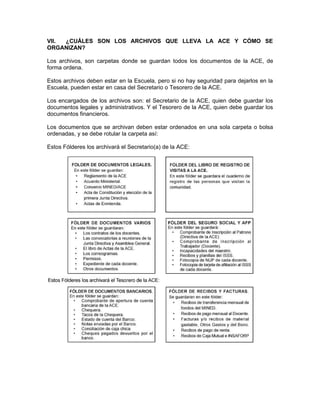 VII. ¿CUÁLES SON LOS ARCHIVOS QUE LLEVA LA ACE Y CÓMO SE
ORGANIZAN?

Los archivos, son carpetas donde se guardan todos los documentos de la ACE, de
forma ordena.

Estos archivos deben estar en la Escuela, pero si no hay seguridad para dejarlos en la
Escuela, pueden estar en casa del Secretario o Tesorero de la ACE.

Los encargados de los archivos son: el Secretario de la ACE, quien debe guardar los
documentos legales y administrativos. Y el Tesorero de la ACE, quien debe guardar los
documentos financieros.

Los documentos que se archivan deben estar ordenados en una sola carpeta o bolsa
ordenadas, y se debe rotular la carpeta así:

Estos Fólderes los archivará el Secretario(a) de la ACE:
 