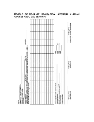 MODELO DE HOJA DE LIQUIDACIÓN   MENSUAL Y ANUAL
PARA EL PAGO DEL SERVICIO
 