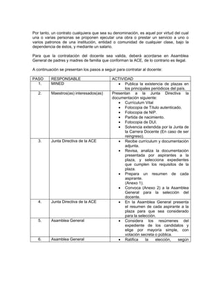 Por tanto, un contrato cualquiera que sea su denominación, es aquel por virtud del cual
una o varias personas se proponen ejecutar una obra o prestar un servicio a uno o
varios patronos de una institución, entidad o comunidad de cualquier clase, bajo la
dependencia de éstos, y mediante un salario.

Para que la contratación del docente sea valida, deberá acordarse en Asamblea
General de padres y madres de familia que conforman la ACE, de lo contrario es ilegal.

A continuación se presentan los pasos a seguir para contratar al docente:

PASO      RESPONSABLE                       ACTIVIDAD
  1.      MINED                                • Publica la existencia de plazas en
                                                  los principales periódicos del país.
   2.     Maestros(as) interesados(as)      Presentan a la Junta Directiva la
                                            documentación siguiente:
                                               • Currículum Vital
                                               • Fotocopia de Título autenticado.
                                               • Fotocopia de NIP.
                                               • Partida de nacimiento.
                                               • Fotocopia de DUI.
                                               • Solvencia extendida por la Junta de
                                                  la Carrera Docente (En caso de ser
                                                  reingreso).
   3.     Junta Directiva de la ACE            • Recibe currículum y documentación
                                                  adjunta.
                                               • Revisa, analiza la documentación
                                                  presentada por aspirantes a la
                                                  plaza, y selecciona expedientes
                                                  que cumplen los requisitos de la
                                                  plaza.
                                               • Prepara un resumen de cada
                                                  aspirante.
                                                  (Anexo 1).
                                               • Convoca (Anexo 2) a la Asamblea
                                                  General para la selección del
                                                  docente.
   4.     Junta Directiva de la ACE            • En la Asamblea General presenta
                                                  el resumen de cada aspirante a la
                                                  plaza para que sea considerado
                                                  para la selección.
   5.     Asamblea General                     • Considera los resúmenes del
                                                  expediente de los candidatos y
                                                  elige por mayoría simple, con
                                                  votación secreta o pública.
   6.     Asamblea General                     • Ratifica     la    elección,    según
 