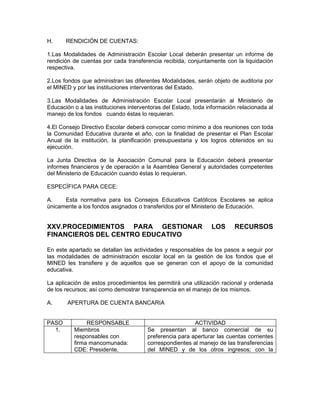 H.     RENDICIÓN DE CUENTAS:

1.Las Modalidades de Administración Escolar Local deberán presentar un informe de
rendición de cuentas por cada transferencia recibida, conjuntamente con la liquidación
respectiva.

2.Los fondos que administran las diferentes Modalidades, serán objeto de auditoria por
el MINED y por las instituciones interventoras del Estado.

3.Las Modalidades de Administración Escolar Local presentarán al Ministerio de
Educación o a las instituciones interventoras del Estado, toda información relacionada al
manejo de los fondos cuando éstas lo requieran.

4.El Consejo Directivo Escolar deberá convocar como mínimo a dos reuniones con toda
la Comunidad Educativa durante el año, con la finalidad de presentar el Plan Escolar
Anual de la institución, la planificación presupuestaria y los logros obtenidos en su
ejecución.

La Junta Directiva de la Asociación Comunal para la Educación deberá presentar
informes financieros y de operación a la Asamblea General y autoridades competentes
del Ministerio de Educación cuando éstas lo requieran.

ESPECÍFICA PARA CECE:

A.    Esta normativa para los Consejos Educativos Católicos Escolares se aplica
únicamente a los fondos asignados o transferidos por el Ministerio de Educación.


XXV.PROCEDIMIENTOS PARA GESTIONAR                               LOS      RECURSOS
FINANCIEROS DEL CENTRO EDUCATIVO

En este apartado se detallan las actividades y responsables de los pasos a seguir por
las modalidades de administración escolar local en la gestión de los fondos que el
MINED les transfiere y de aquellos que se generan con el apoyo de la comunidad
educativa.

La aplicación de estos procedimientos les permitirá una utilización racional y ordenada
de los recursos; así como demostrar transparencia en el manejo de los mismos.

A.      APERTURA DE CUENTA BANCARIA


PASO           RESPONSABLE                               ACTIVIDAD
  1.      Miembros                     Se presentan al banco comercial de su
          responsables con             preferencia para aperturar las cuentas corrientes
          firma mancomunada:           correspondientes al manejo de las transferencias
          CDE: Presidente,             del MINED y de los otros ingresos; con la
 
