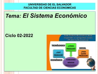 UNIVERSIDAD DE EL SALVADOR
FACULTAD DE CIENCIAS ECONOMICAS
Tema: El Sistema Económico
Ciclo 02-2022
 