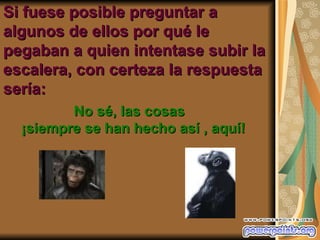 Si fuese posible preguntar a
algunos de ellos por qué le
pegaban a quien intentase subir la
escalera, con certeza la respuesta
sería:
         No sé, las cosas
  ¡siempre se han hecho así , aquí!
 