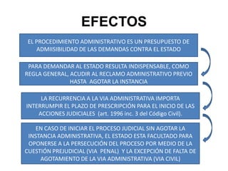 EFECTOSEL PROCEDIMIENTO ADMINISTRATIVO ES UN PRESUPUESTO DE ADMIISIBILIDAD DE LAS DEMANDAS CONTRA EL ESTADOPARA DEMANDAR AL ESTADO RESULTA INDISPENSABLE, COMO REGLA GENERAL, ACUDIR AL RECLAMO ADMINISTRATIVO PREVIO HASTA  AGOTAR LA INSTANCIALA RECURRENCIA A LA VIA ADMINISTRATIVA IMPORTA INTERRUMPIR EL PLAZO DE PRESCRIPCIÓN PARA EL INICIO DE LAS ACCIONES JUDICIALES  (art. 1996 inc. 3 del Código Civil).EN CASO DE INICIAR EL PROCESO JUDICIAL SIN AGOTAR LA INSTANCIA ADMINISTRATIVA, EL ESTADO ESTA FACULTADO PARA OPONERSE A LA PERSECUCIÓN DEL PROCESO POR MEDIO DE LA CUESTIÓN PREJUDICIAL (VIA  PENAL)  Y LA EXCEPCIÓN DE FALTA DE AGOTAMIENTO DE LA VIA ADMINISTRATIVA (VIA CIVIL)