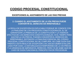 CODIGO PROCESAL CONSTITUCIONALEXCEPCIONES AL AGOTAMIENTO DE LAS VÍAS PREVIAS2. CUANDO EL AGOTAMIENTO DE LA VÍA PREVIA PUEDE CONVERTIR EL DERECHO EN IRREPARABLELA REGLA DE EXCEPCIÓN ES EXPLICABLE PORQUE SE CONDICE CON LA FINALIDAD DE LOS PROCESOS CONSTITUCIONALES, EL DE GARANTIZAR LA PRIMACÍA DE LA CONSTITUCIÓN Y LA VIGENCIA EFECTIVA DE LOS DERECHOS CONSTITUCIONALES. SI EL TIEMPO PARA AGOTAR LA VÍA PREVIA, PUEDEN CONVERTIR EL DERECHO EN IRREPARABLE, ENTONCES LA FINALIDAD ESENCIAL DEL CÓDIGO PROCESAL CONSTITUCIONAL NO SE CUMPLIRÍA. NO CABE DUDA QUE FRENTE A ESTA REGLA DE EXCEPCIÓN LOS JUECES DEBEN EVALUAR, CASO POR CASO, LA NATURALEZA EXTEMPORÁNEA DE LA VÍA PREVIA Y LA URGENCIA DE AMPARAR EL DERECHO. PERO YA SE SABE QUE EN CASO DE DUDA FUNCIONA EL PRINCIPIO FAVOR PROCESSUM.