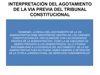 INTERPRETACIÓN DEL AGOTAMIENTO DE LA VIA PREVIA DEL TRIBUNAL CONSTITUCIONAL“ASIMISMO, LA REGLA DEL AGOTAMIENTO DE LA VIA ADMINISTRATIVA DEBE MANTENERSE DENTRO DE LOS CÁNONES CONSTITUCIONALES, VINCULANDOSE CON LAS EXIGENCIAS PROPIAS DE LA ADMINISTRACIÓN, COMO LA DE ASEGURAR UN DEBIDO PROCESO A LOS ADMINISTRADOS. ELLO OTORGA RAZONABILIDAD A LA EXIGENCIA DEL AGOTAMIENTO  DE LA VIA ADMINISTRATIVA PUES NO PUEDE HABER DEMORA O DETENCIÓN DE LA TUTELA JURISDICCIONAL DE DERECHOS FUNDAMENTALES”