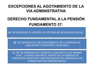 EXCEPCIONES AL AGOTAMIENTO DE LA VIA ADMINISTRATIVADERECHO FUNDAMENTAL A LA PENSIÓNFUNDAMENTO 37: A) “SE DENIEGUE EL ACCESO AL SISTEMA DE SEGURIDAD SOCIAL”;B) “SE DENIEGUE EL RECONOCIMIENTO DE LA PENSIÓN DE JUBILACIÓN O CESANTÍA O INVALIDEZ”;C) “NO SE PRESERVE EL DERECHO CONCRETO A UN “MÍNIMO VITAL”, O SIENDO MAYOR EL MONTO DE LA PENSIÓN SE PRESENTEN OBJETIVAS CIRCUNSTANCIAS DE URGENCIA CON CONSECUENCIAS IRREPARABLES”;