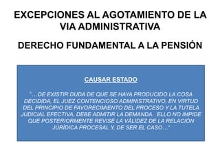 EXCEPCIONES AL AGOTAMIENTO DE LA VIA ADMINISTRATIVADERECHO FUNDAMENTAL A LA PENSIÓNCAUSAR ESTADO “…DE EXISTIR DUDA DE QUE SE HAYA PRODUCIDO LA COSA DECIDIDA, EL JUEZ CONTENCIOSO ADMINISTRATIVO, EN VIRTUD DEL PRINCIPIO DE FAVORECIMIENTO DEL PROCESO Y LA TUTELA JUDICIAL EFECTIVA, DEBE ADMITIR LA DEMANDA.  ELLO NO IMPIDE QUE POSTERIORMENTE REVISE LA VÁLIDEZ DE LA RELACIÓN JURÍDICA PROCESAL Y, DE SER EL CASO…”