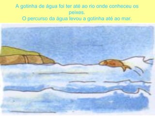 A gotinha de água foi ter até ao rioonde conheceu os peixes.O percurso da água levou a gotinha até ao mar. 
