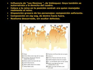 • Influencia de “Las Meninas “, de Velázquez: Goya también se
autorretrata a la derecha del cuadro.
• Coloca a la reina en la posición central: era quien manejaba
realmente el reino.
• Disposición grosera de los personajes: composición asfixiante.
• Composición en zig-zag, de dentro hacia fuera.
• Realismo descarnado, sin ocultar defectos.
 