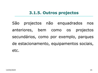 3.1.5. Outros projectos
São projectos não enquadrados nos
anteriores, bem como os projectos
secundários, como por exemplo, parques
de estacionamento, equipamentos sociais,
etc.
13/03/2024 15
 
