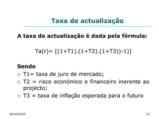Taxa de actualização
A taxa de actualização é dada pela fórmula:
Ta(r)= [(1+T1).(1+T2).(1+T3))-1)]
Sendo
 T1= taxa de juro de mercado;
 T2 = risco económico e financeiro inerente ao
projecto;
 T3 = taxa de inflação esperada para o futuro
06/04/2024 53
 
