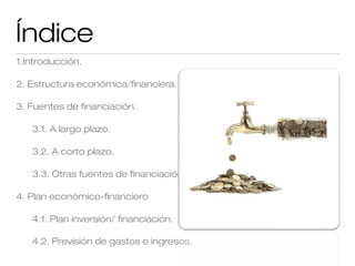 Índice
1.Introducción.
2. Estructura económica/financiera.
3. Fuentes de financiación.
3.1. A largo plazo.
3.2. A corto plazo.
3.3. Otras fuentes de financiación.
4. Plan económico-financiero
4.1. Plan inversión/ financiación.
4.2. Previsión de gastos e ingresos.

 