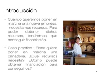 Introducción
•

Cuando queremos poner en
marcha una nueva empresa,
necesitamos recursos. Para
poder
obtener
dichos
recursos, tendremos que
conseguir financiación.

•

Caso práctico : Elena quiere
poner en
marcha una
panadería. ¿Qué recursos
necesita? ¿Cómo puede
obtener financiación para
conseguirlos?
4

 