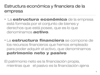 Estructura económica y financiera de la
empresa
•

La estructura económica de la empresa
está formada por el conjunto de bienes y
derechos que está posee, que es lo que
denominamos activo.

•

La estructura financiera se compone de
los recursos financieros que hemos empleado
para poder adquirir el activo, que denominamos
patrimonio neto y pasivo

El patrimonio neto es la financiación propia,
mientras que el pasivo es la financiación ajena
5

 