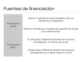 Fuentes de financiación
Interna: la genera la propia empresa. Son los
beneficios no repartidos
Financiación
propia
Externa: formada por el capital que aportan los socios
y las subvenciones
A corto plazo. Debemos devolver los recursos
conseguidos en menos de un año
Financiación
ajena
A largo plazo. Debemos devolver los recursos
conseguidos en un plazo mayor a un año
8

 