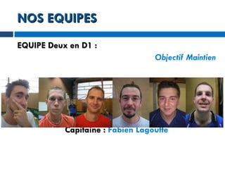 NOS EQUIPES EQUIPE Deux en D1 :  Objectif Maintien Capitaine :   Fabien Lagoutte 