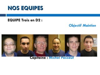 NOS EQUIPES EQUIPE Trois en D2 :  Objectif Maintien Capitaine :   Michel Passaut 