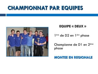 CHAMPIONNAT PAR EQUIPES EQUIPE « DEUX » 1 ère  de D2 en 1 ère  phase Championne de D1 en 2 ème  phase MONTEE EN REGIONALE 