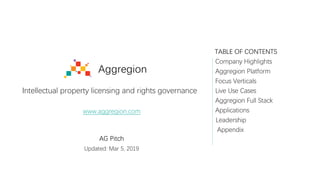 Aggregion
Intellectual property licensing and rights governance
www.aggregion.com
TABLE OF CONTENTS
Company Highlights
Aggregion Platform
Focus Verticals
Live Use Cases
Aggregion Full Stack
Applications
Leadership
Appendix
AG Pitch
Updated: Mar 5, 2019
 