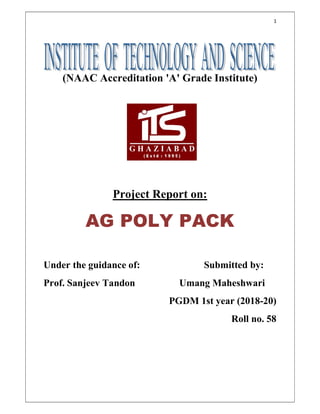 1
(NAAC Accreditation 'A' Grade Institute)
Project Report on:
AG POLY PACK
Under the guidance of: Submitted by:
Prof. Sanjeev Tandon Umang Maheshwari
PGDM 1st year (2018-20)
Roll no. 58
 