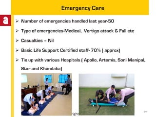 © All rights reserved
Emergency Care
 Number of emergencies handled last year-50
 Type of emergencies-Medical, Vertigo attack & Fall etc
 Casualties – Nil
 Basic Life Support Certified staff- 70% ( approx)
 Tie up with various Hospitals ( Apollo, Artemis, Soni Manipal,
Star and Khandaka)
34
 