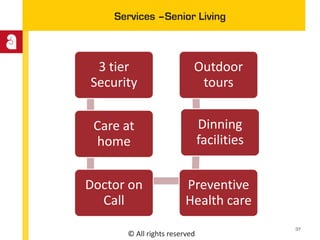 © All rights reserved
Services –Senior Living
3 tier
Security
Care at
home
Doctor on
Call
Preventive
Health care
Dinning
facilities
Outdoor
tours
37
 