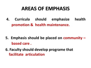 AREAS OF EMPHASIS
4. Curricula should emphasize health
promotion & health maintenance.
5. Emphasis should be placed on community –
based care .
6. Faculty should develop programe that
facilitate articulation
 