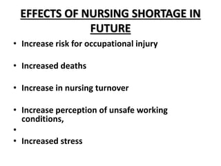 EFFECTS OF NURSING SHORTAGE IN
FUTURE
• Increase risk for occupational injury
• Increased deaths
• Increase in nursing turnover
• Increase perception of unsafe working
conditions,
•
• Increased stress
 