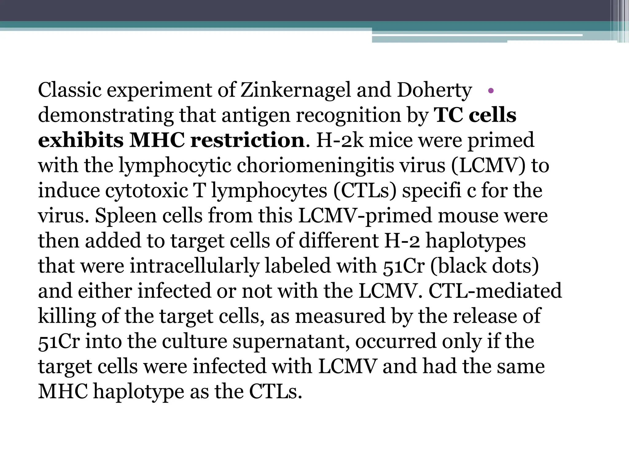 •
Classic experiment of Zinkernagel and Doherty
demonstrating that antigen recognition by TC cells
exhibits MHC restriction. H-2k mice were primed
with the lymphocytic choriomeningitis virus (LCMV) to
induce cytotoxic T lymphocytes (CTLs) specifi c for the
virus. Spleen cells from this LCMV-primed mouse were
then added to target cells of different H-2 haplotypes
that were intracellularly labeled with 51Cr (black dots)
and either infected or not with the LCMV. CTL-mediated
killing of the target cells, as measured by the release of
51Cr into the culture supernatant, occurred only if the
target cells were infected with LCMV and had the same
MHC haplotype as the CTLs.
 
