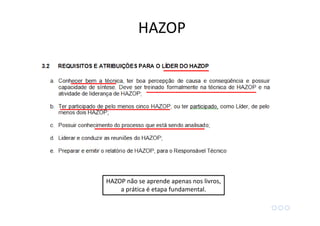 HAZOP não se aprende apenas nos livros,
a prática é etapa fundamental.
HAZOP
 