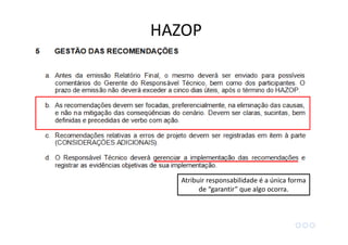 • HAZOP (hazards and operability)
Atribuir responsabilidade é a única forma
de “garantir” que algo ocorra.
HAZOP
 