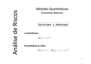 Taxa de falha: µµµµ falhas/tempo
Confiabilidade:
Probabilidade de falha:
Métodos Quantitativos
Conceitos Básicos
AnálisedeRiscos
 