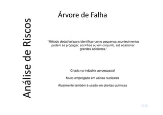 Árvore de Falha
AnálisedeRiscos
Criado na indústria aeroespacial
Muito empregado em usinas nucleares
Atualmente também é usado em plantas químicas
“Método dedutível para identificar como pequenos acontecimentos
podem se propagar, sozinhos ou em conjunto, até ocasionar
grandes acidentes.”
 