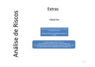 Plantas químicas tem check-lists com centenas
de milhares de itens.
Melhor classificar por equipamento, tarefa ou
função.
-por setor da planta (FCC, HDT, etc),
-por equipamento (trocador de calor, bomba, reator, etc)
-por atividade (partida, parada programada, parada de emergência, etc)
-por tipo de projeto (novo, desgargalamento, adaptação, etc)
Extras
AnálisedeRiscos Check List
 