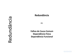 Falhas de Causa Comum
Dependência Física
Dependência Funcional
Redundância
Redundância
vs.
 