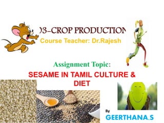 AGR 303-CROP PRODUCTION(0+1)
Course Teacher: Dr.Rajesh
Assignment Topic:
SESAME IN TAMIL CULTURE &
DIET
By
GEERTHANA.S
 