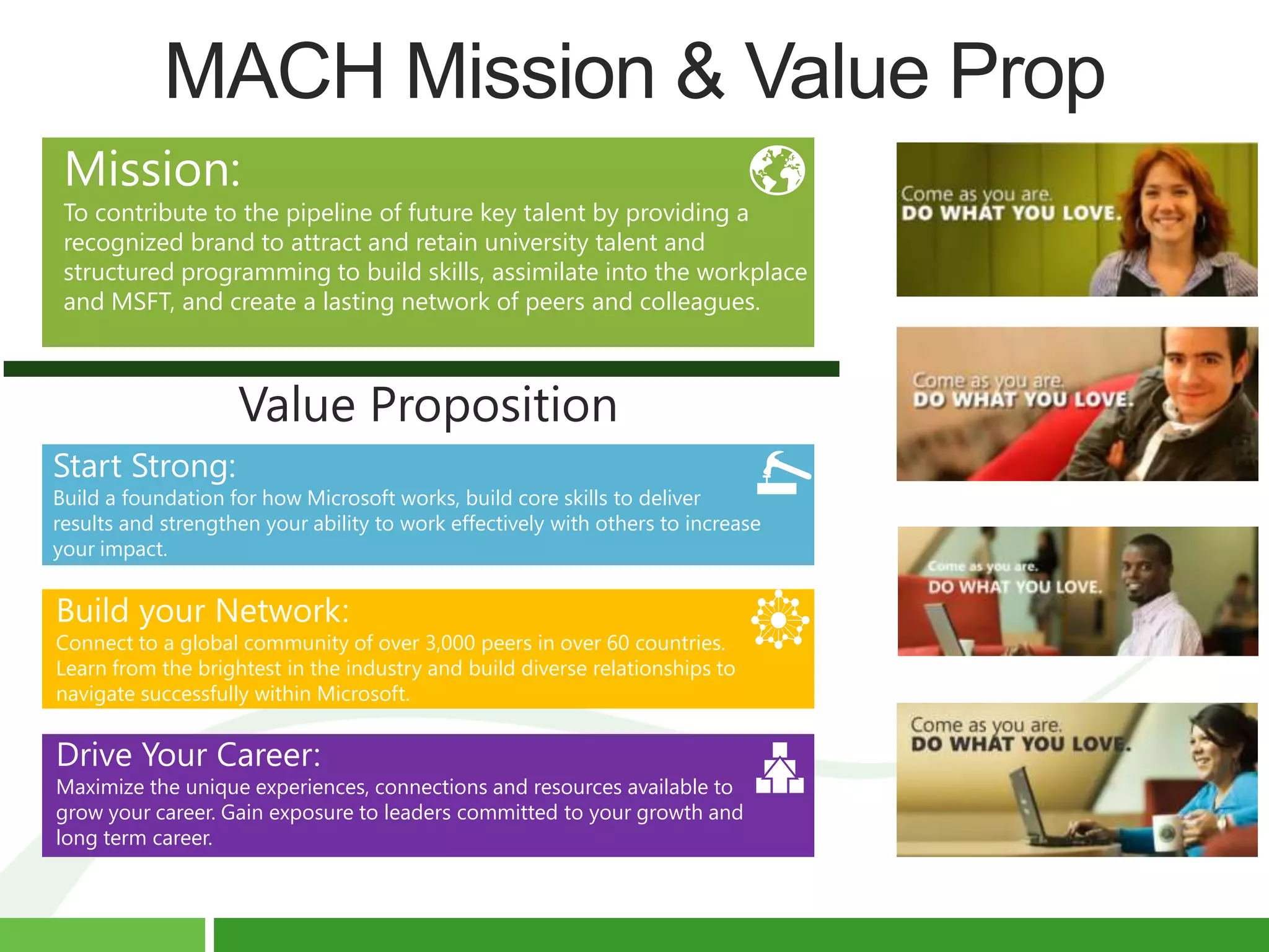 Mission:
 To contribute to the pipeline of future key talent by providing a
 recognized brand to attract and retain university talent and
 structured programming to build skills, assimilate into the workplace
 and MSFT, and create a lasting network of peers and colleagues.




Start Strong:
Build a foundation for how Microsoft works, build core skills to deliver
results and strengthen your ability to work effectively with others to increase
your impact.


Build your Network:
Connect to a global community of over 3,000 peers in over 60 countries.
Learn from the brightest in the industry and build diverse relationships to
navigate successfully within Microsoft.


Drive Your Career:
Maximize the unique experiences, connections and resources available to
grow your career. Gain exposure to leaders committed to your growth and
long term career.
 