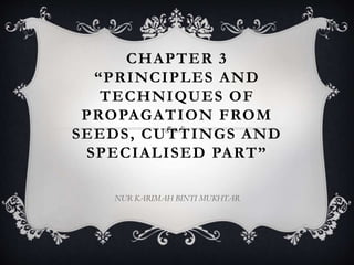 CHAPTER 3
“PRINCIPLES AND
TECHNIQUES OF
PROPAGATION FROM
SEEDS, CUTTINGS AND
SPECIALISED PART”
NUR KARIMAH BINTI MUKHTAR
 