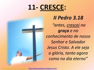 11- CRESCE:
                                                            II Pedro 3.18
                                                        “antes, crescei na
                                                           graça e no
                                                    conhecimento de nosso
                                                       Senhor e Salvador
                                                     Jesus Cristo. A ele seja
                                                      a glória, tanto agora
                                                      como no dia eterno”
Pr. Welfany Nolasco Rodrigues http://esbocopregacao.blogspot.com/
 