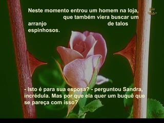 Neste momento entrou um homem na loja,
que também viera buscar um
arranjo de talos
espinhosos.
- Isto é para sua esposa? - perguntou Sandra,
incrédula. Mas por que ela quer um buquê que
se pareça com isso?
.
 