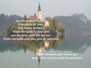 Agradecemos-te Senhor. Pela glória de viver. Pela honra de amar! Muito obrigada Senhor, pelo que me deste, pelo que me dás! Muito obrigada pelo pão, pelo ar, pela paz! Muito obrigada pela beleza que meus olhos vêem no altar da natureza! 